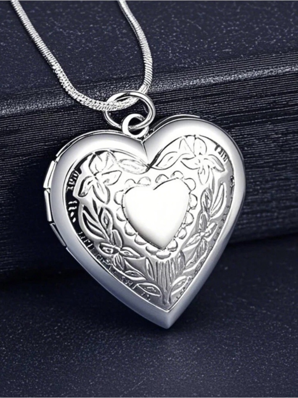 .925 Sterling Silver Heart Locket Necklace with Floral Engraving